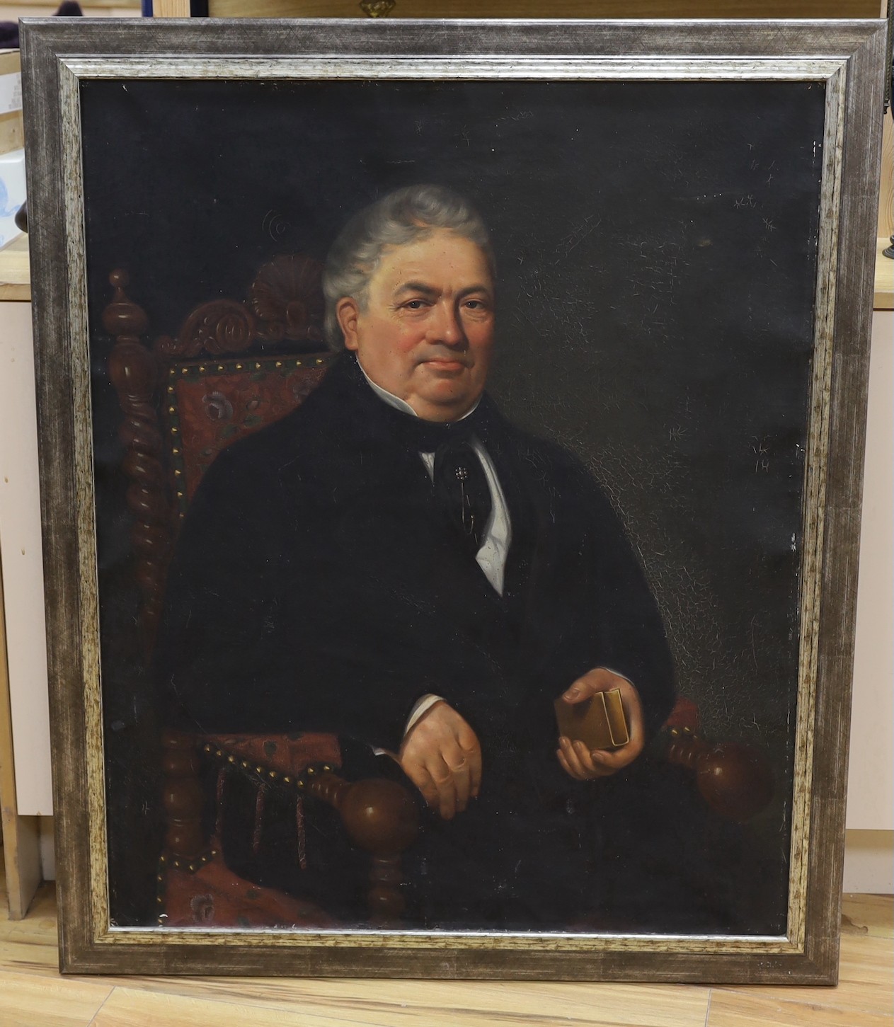 19th century English School, oil on canvas, Half length portrait of a seated gentleman, 100 x 80cm